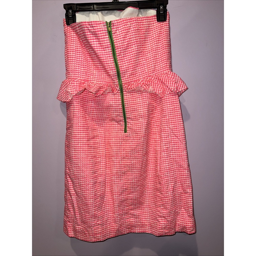 Lilly Pulitzer Pink Gingham Peplum Strapless Dress Green Zipper Size 4 - Picture 2 of 8